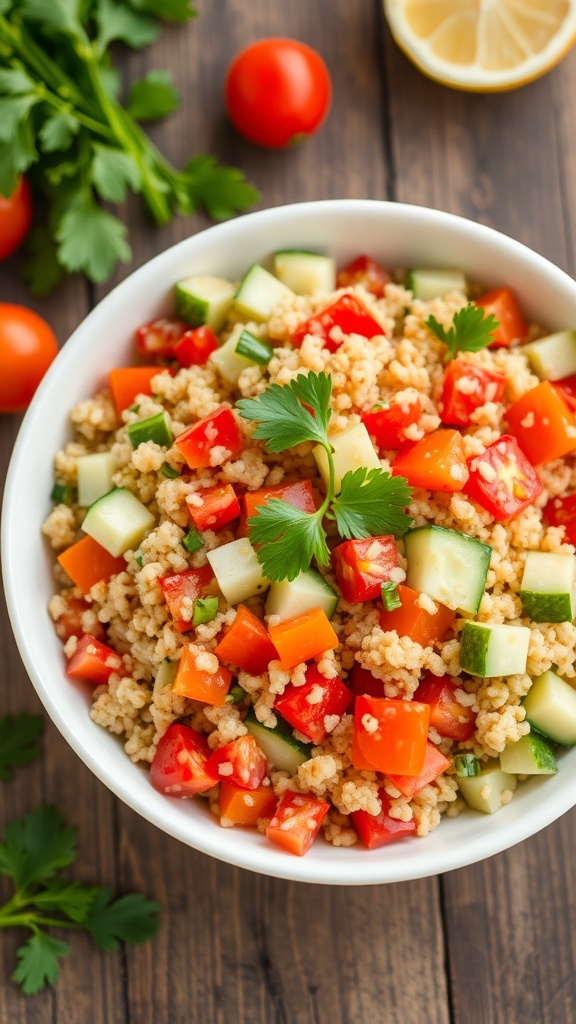 Healthy Quinoa Salad Recipe A colorful quinoa salad with vegetables on a rustic wooden table.